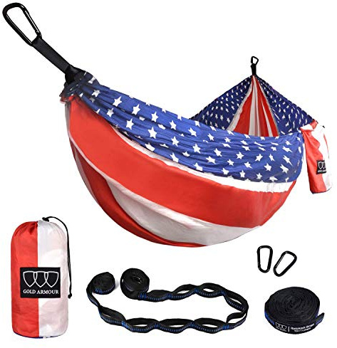 Gold Armour Camping Hammock - XL Double Hammock Portable Hammock Camping Accessories Gear for Outdoor Indoor with Tree Straps, USA Based Brand (Flag II)