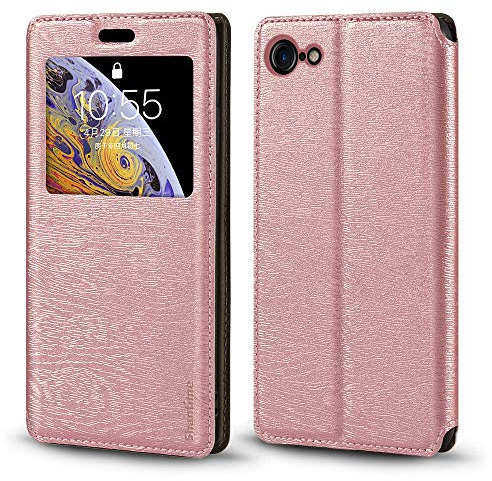 Coque à Rabat en Cuir PU avec Fenêtre Visible et Aimant Invisible Compatible avec iPhone 7, Étui Intelligent à Affichage Clair (Or Rose)