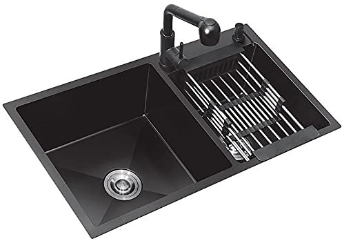 Wddwymll Fregadero Cocina Negro Dos Senos,Fregadero de Acero INOX 72×40cm,Fregadero Encastrar con Escurridor,para Restaurante, Lavandería, Bar, Casas de Alquiler