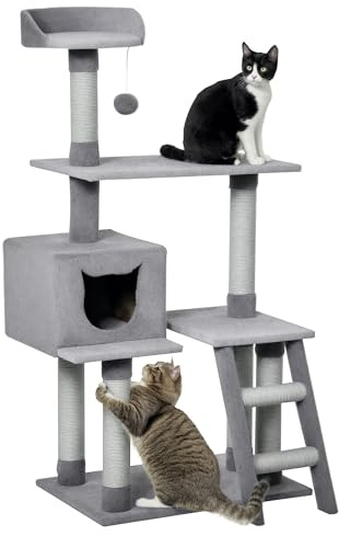 PawHut Árbol Rascador para Gatos Grande Altura 124 cm Torre de Escalada con Plataformas Escalera Cueva Postes de Yute y Bola Colgante Juego y Descanso 60,5x40x124 cm Gris