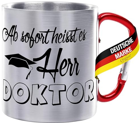 CreaLuxe Edelstahltasse mit Karabiner 'Ab sofort heisst es Herr Doktor.' Tasse bedruckt, Kaffeetasse, Bürotasse, Metalltasse mit Name