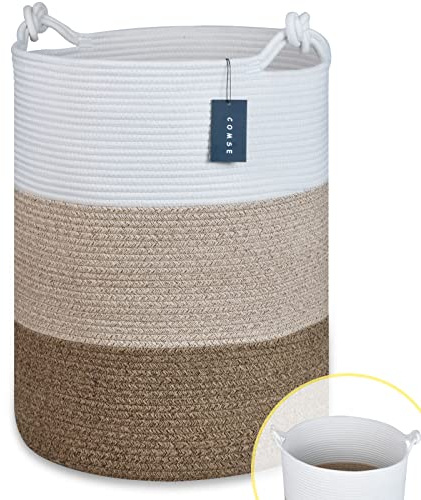 COMSE Panier à linge extra large en corde de coton, 40 x 55 cm, panier à linge en corde de coton, panier à linge, panier à jouets, panier tissé, panier à vêtements, blanc/marron dégradé