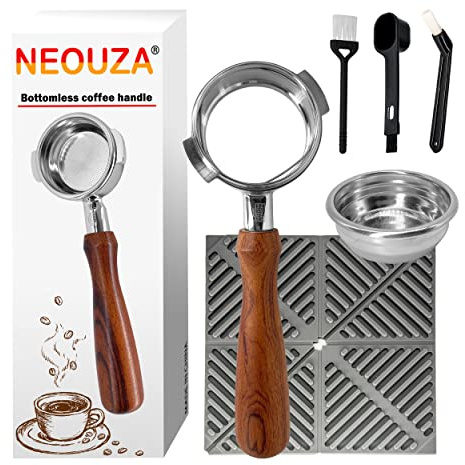 NEOUZA Porte-filtre sans fond pour machine à café expresso 58 mm compatible avec Nuova Simonelli 304 en acier inoxydable à deux oreilles, panier de remplissage, cuillère