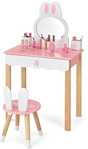 COSTWAY Toeletta Trucco 2 in 1 per Bambina, Specchiera a Forma di Coniglio Staccabile per Ragazza in Legno con Sgabello, Portapenni e Cassetto, Postazione Trucco, 60 x 34 x 103cm (Rosa)