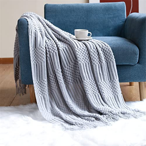 Gestrickte Decke Mit Quasten, Weich Plaid Strick Kuscheldecke Wohndecke Sofaüberwurf Sofadecke Couchdecke Schlafdecke Tagesdecke Überwurf Für Sofa, Bett, Couch (Hellgrau,130 * 230cm)