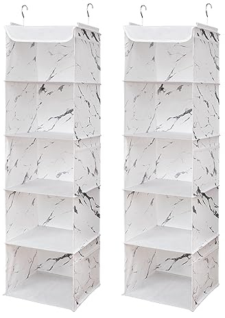 BrilliantJo 2er Set Hängeregal Kleiderschrank Organizer,Hängeregal Stoff, 5 Fächer hochwertige Hängeaufbewahrung Hängeregal Organizer Aufbewahrungssystem 30 x 30 x 108 cm Weißes Muster