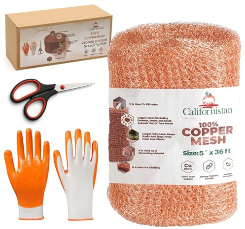 Californistan Copper Mesh Rodent Control, 5in x 36ft- Rustproof Copper Mesh Roll for Rodent, Bat & Snail - Perfect for Hole Blocking, Gardening & Sealing Water Opening - Plus Bonus Scissor & Gloves