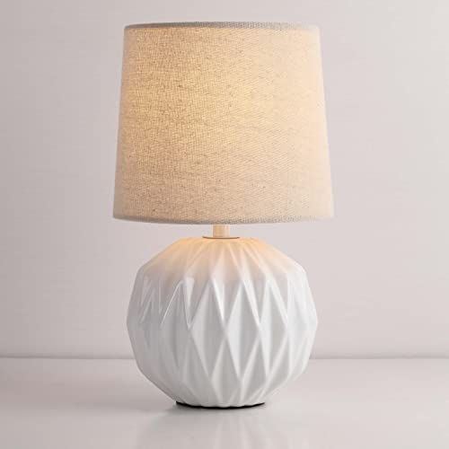 White Ceramic Table Lamp, Geometric Textured Small Bedside Lamp with Linen Shade, Mid Century Modern Nightstand Lamp for Bedroom Living Room Reading Room, H 12 x W 6.7, 7W LED Bulb Included