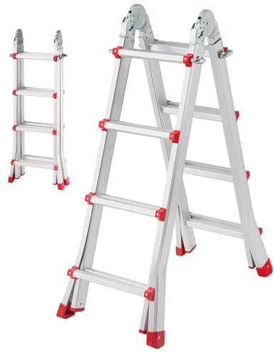 Escaleras Plegables Aluminio, Escalera telescópica, Escalera articulada Extensible en 4x4 (8+8 escalones) 4 Metros desplegada y 2 Metros en Tijera, válida hasta 150 kgs. con Normativa EN131