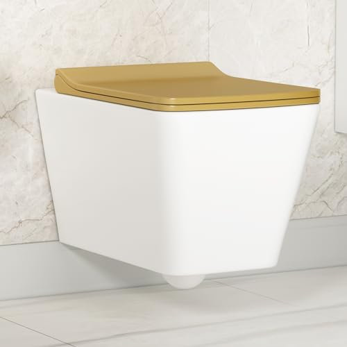 Wall Hung Toilet Pan Dual Concealed Cistern Frame Gold Slim Soft Close Seat & Gold Flush Plate Square Rimless Toilet