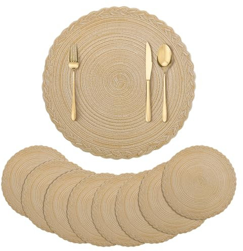 fanquare Tovagliette Rotonde Intrecciate con Motivo ad Anello di Crescita 8 Pezzi Pizzo Bordo Tovaglietta Durevole Tappetino da Tavola Antiscivolo, Partito Posto Caricatori