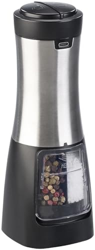 Rosenstein & Söhne Gewürzmühlen: 2in1-Akku-Salz- & Pfeffermühle mit zwei getrennten Kammern, silber (Gewürzmühle Akku, Pfeffermühle Keramikmahlwerk, BBQ)