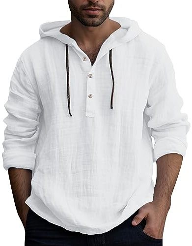 Zofedap Leinenhemd Herren Langarm mit Kapuze Sommer Hoodie Dünn Hawaii Hemd Männer Einfarbig Lässig Sommerhemd Freizeithemden Langarmshirt Linen Kapuzenhemd