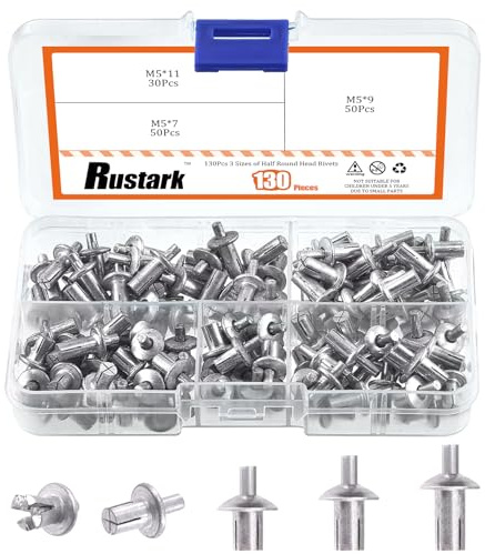 Rustark 130 remaches de núcleo de aluminio M5 x 7 mm/9 mm/10 mm con kit surtido de cabeza redonda, remaches de aluminio con accionamiento por martillo, expansión tipo golpe, remaches de núcleo de