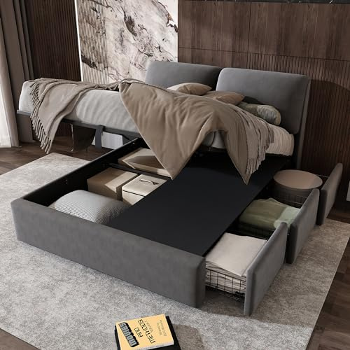 MQLAE Boxspringbett Polsterbett 140x200, Hydraulisches Bett mit Bettkasten und 3 Schubladen, Bettgestell mit Lattenrost aus Holz, Verstellbares Kopfteil, Stauraumbett, Kopfteil Bett, Samtstoff, Grau