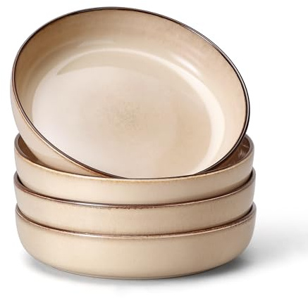 E-far Pasta Bowls Set of 4, 35oz Large Salad Bowls for Serving, Wide and Shallow Ceramic Plates for Kitchen, Double Reactive Glaze, Microwave and Dishwasher Safe, Sandy Beige