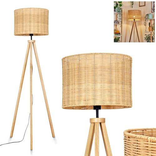 HOFSTEIN Stehleuchte Cavaca, Stehlampe aus Holz/Korbgeflecht in Naturfarben, Leuchte im skandinavischen Design mit rundem Schirm (Ø 40 cm) u. Fußschalter, 160 cm, 1 x E27, ohne Leuchtmittel
