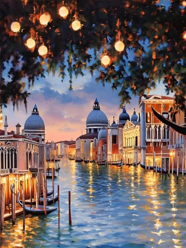 Malen Nach Zahlen Erwachsene Venedig Water City 70x90cm DIY Handgemalt Ölgemälde Kit für Anfänger und Erwachsene, inklusive Knitterfreie Leinwand, Pinsel und Acrylfarben-Haus Dekor (Rahmenlos) H-408