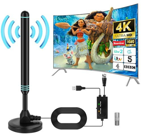 DAJASD 2024 Antenne TV Intérieur Puissante TNT HD, Antenne HDTV Numérique Longue Portée, Antenne TV Numérique DVB-T2, Réception Longue Distance 360° Haut Puissante Antenne TV Intérieur avec Câble 5m