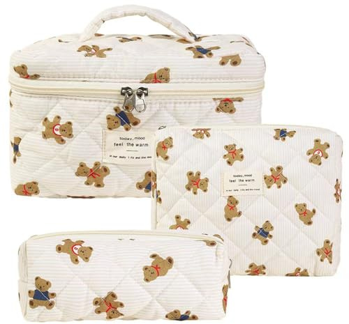 Damen Gesteppte Kulturtasche, 3 Stück Kosmetiktasche, Blumenmuster Kulturbeutel Set, Reisen Schminktasche Gedruckt, Baumwolle Make up Bag für Frauen Mädchen (Bär)