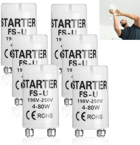 Rumgug Set di 6 Starter per Tubi Fluorescenti 4-80W, Compatibilità Elevata per Lampade Neon e Fluorescenti, Starter Lampade Fluorescenti Tensione Operativa 198-250V, per Illuminazione (Set B)