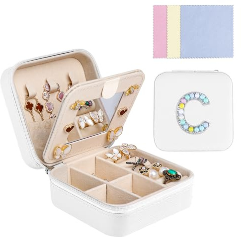 Ghope Pequeño joyero de terciopelo de felpa para mujer y niña, joyero de viaje con espejo, caja de joyas, mini organizadores de joyas, almacenamiento de joyas para anillos, pulseras, pendientes