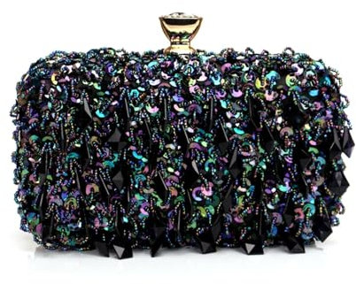 YUEZHAN Abendtasche Damen Clutch Glitter Party Abendessen Abend Taschen Lila Farbe Quaste Acryl Clutch Taschen Klappe Mode Metall Kette Handtaschen Perlen Ym1540Color Black