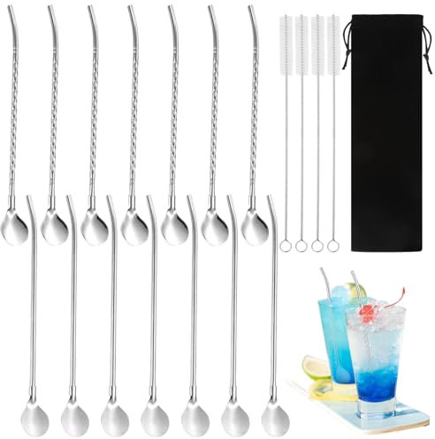 TIANCONGYUN 14 Stück Edelstahl Trinkhalm Trinkhalmlöffel lang Löffelstrohhalme Wiederverwendbare Löffelhalme Metalllöffel mit 4 Stück Strohhalm Reinigungsbürste für Smoothies, Macchiato, Cocktail