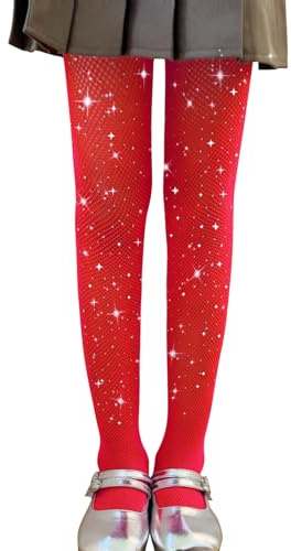 LOLANTA Confezione da 2 collant a rete per ragazze, collant con strass luccicanti per bambini, Calze a rete, Rosso scintillante, 8-13 anni, XL