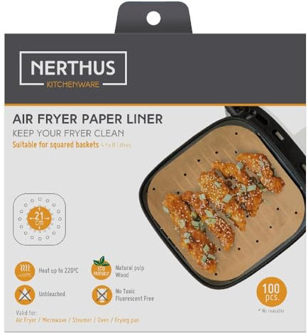 NERTHUS FIH 1442 - Tappetino di carta quadrato per Air Fryer, 100 pezzi, compatibile con friggitrici ad aria da 4 a 8 litri