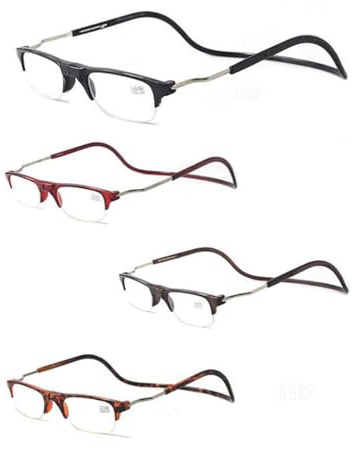 HdjjLtor 4Er Packung Halbrand-Lesebrille Zum Aufhängen, Magnet-Lesebrille Unisex Bügel Sind Lesehilfe Herren Für Eine Perfekte Passform Verstellbar,+ 250