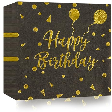 40 Stück Happy Birthday Schwarz Gold Geburtstag Servietten,33x33cm Papier Party Servietten für Mann Frau Mädchen Geburtstag Party Deko