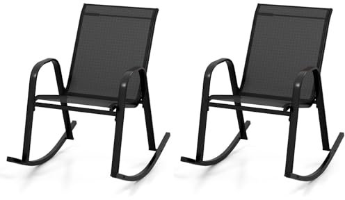 Juego de 2 sillas deslizantes para patio con reposabrazos ergonómicos y respaldo alto, sillas mecedoras para exteriores, para patio, balcón, piscina, jardín, marco de metal, balancines en negro