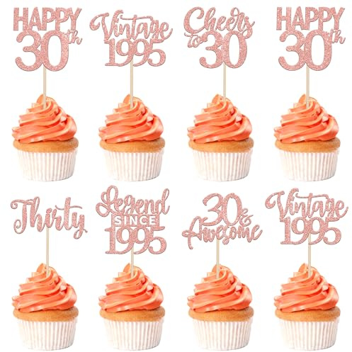 SYKYCTCY 24 Pack Happy 30th Birthday Cupcake Toppers Glitter Thirty Vintage 1995 Legend Since 1995 Cupcake Picks for Cheers to 30 Years 30th Birthday Wedding Party Decoration Supplies