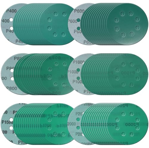 Set di dischi abrasivi a 8 fori da 5 pollici, 90 pezzi Wer Dry dischi abrasivi 400 600 800 1000 1500 2000 grana assortita gancio e anello carta vetrata verde con pellicola di poliestere con cuscinetto
