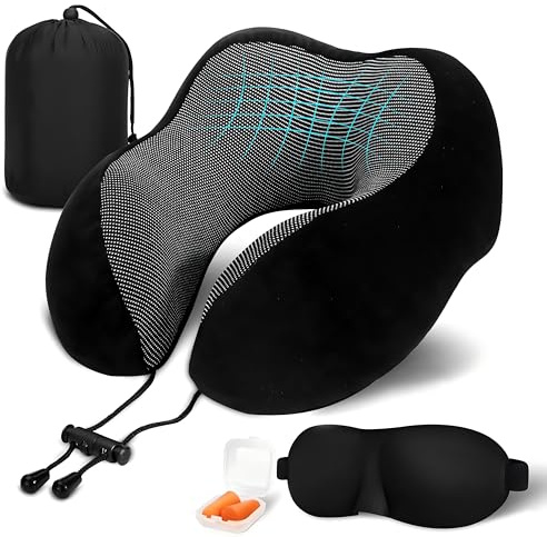 FanSynrare Nackenkissen Flugzeug, Reisekissen Memory Foam, Verstellbares Kompaktes Nackenkissen Reise, Ergonomisches Weich Atmungsaktiv mit Ohrstöpseln, Augenmaske,Tragetasche (Schwarz)