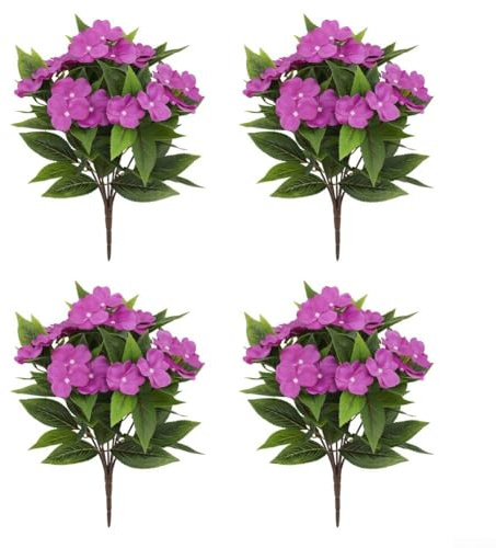 MeevrgR Impatiens artificiels – 40 cm – Faux rhododendrons résistants aux UV (5 couleurs) – Lot de 4 pour paniers suspendus et décoration extérieure (violet)