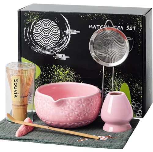 Souvik Kit de Matcha Japonés 7 Piezas – Matcha Set de Ceremonia con Tazón con Pico, Batidor de Bambú, Cuchara, Tamiz, Soporte y Paño – Regalo Ideal para Amantes del Té, Rosa