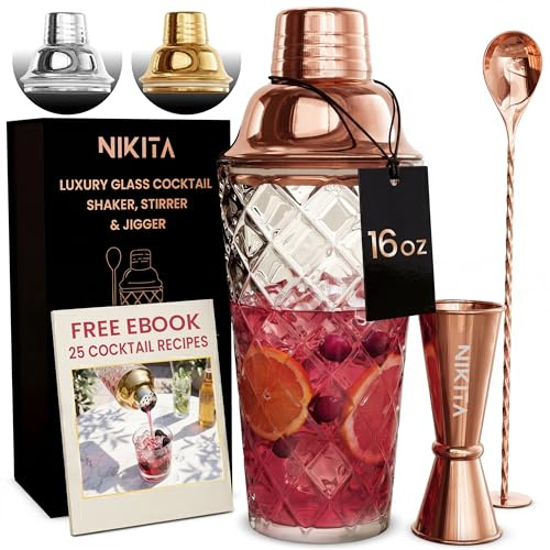 Nikita Cocktail Shaker, 5-Piece Martini Shaker & Bartender Kit with Bar Accessories Strainer, Jigger, Spoon & Muddler, Rose Gold 16oz Drink Mixer with Bartender Accessories