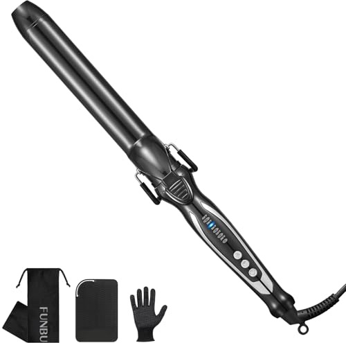 FUNBUGS 32mm Double Ceramic Curling Tongs - Hair Curler with 20cm Extra Long Barrel | 5 Heat Settings | Dual Voltage | Auto Shut-Off | Anti-Slip Styling for Long Hair (Bag, Mat, Glove)