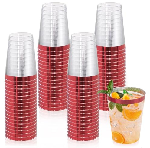 mauepersu 50 Stück Plastikbecher mit Golden, 280ml Becher aus Kunststoff Wiederverwendbare Trinkbecher Elegante Party Weingläser für Champagner Bier Cocktail Martini Soda Dessert (Rot)