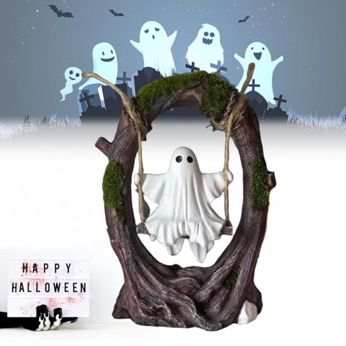 Ghost on a Tree Swing, Cute Halloween Swinging Shadows, Funny Ghost Tree Swing Decor,for Desktop Bookshelf Garden Patio Lawn Halloween Decor (Swing Ghost A)