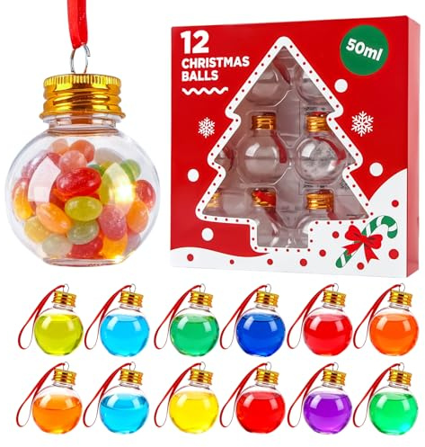 panemy 12 Palline di Natale da Riempire (50 ml), Sfere Trasparenti in Plastica, Decorazioni per l’Albero con Bevande o Dolcetti, Adesivi Fiocco di Neve, Palline di Natale Personalizzate Idea Regalo