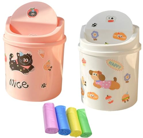 Rosqmor 2 Pièces Poubelle Bureau avec Couvercle, Petite Corbeille Papier De Table avec Autocollant 4 Rouleaux De Sacs Poubelle, Mini Trash Can pour Bureaux, Tables à Manger, Cuisines