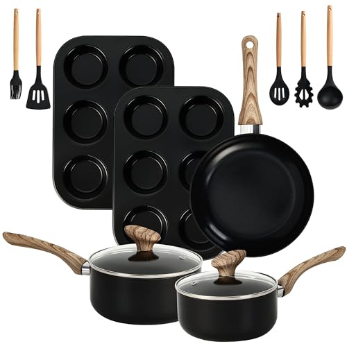 LEADKooKers 12 Piece Bakeware and Cookware Set, Non Stick Pots and Pans Sets, Induction Hob Pan Set with Wood Effect Handles, Includes Saucepan Set, Frying Pan & Silicone Utensils