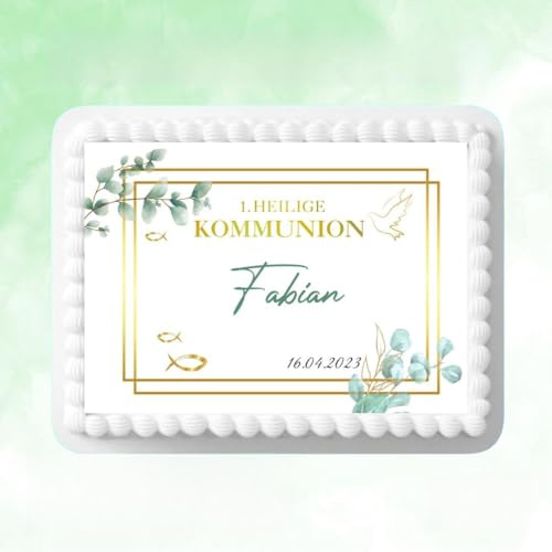 Personalisierter Tortenaufleger zur 1. Heiligen Kommunion. Wahlweise Esspapier/Zuckerpapier Tortendekoration edel (Esspapier)