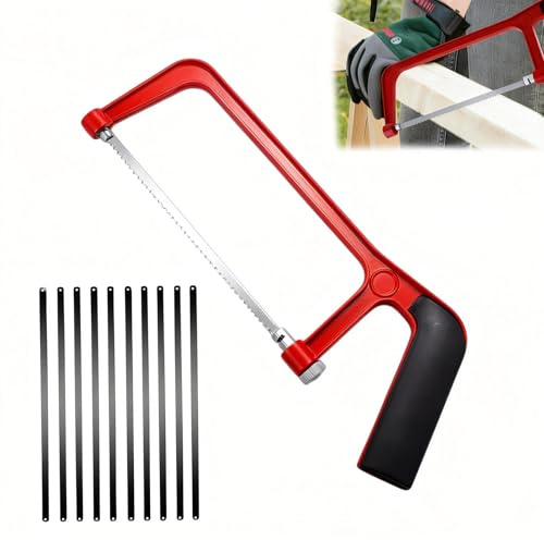 Professional Junior Hacksaw with 10 Blades – 6 Inch Small Hand Saw for Cutting Metal, Wood, Plastic, PVC Pipe– Compact Heavy-Duty Hacksaw Tool for DIY, Home & Workshop Projects (Red)