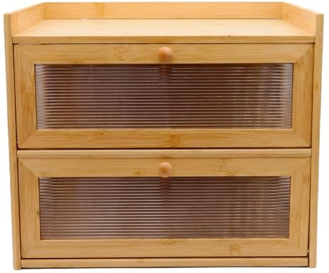 Maison Des Cadeaux Large 2 Tier Fluted Panel Bamboo Bread Bin Cabinet - Countertop Storage Box