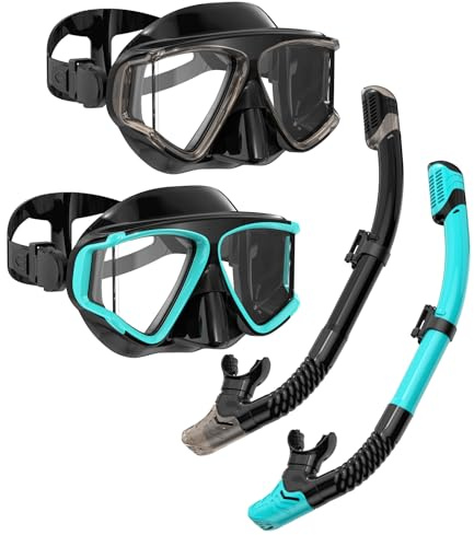 Snorklingsutrustning för vuxna, snorkelset, dykmask med HD-panorama, härdat glas och torr-topp, snorkling, anti-dimma och anti-läckage, simglasögon med nässkydd, simresekit
