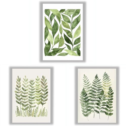 Wall Art Set of 3 – Fern Botanical Prints – Soft Green and Neutral Tones – Modern Nature Wall Decor – Medium (A3) – Unframed